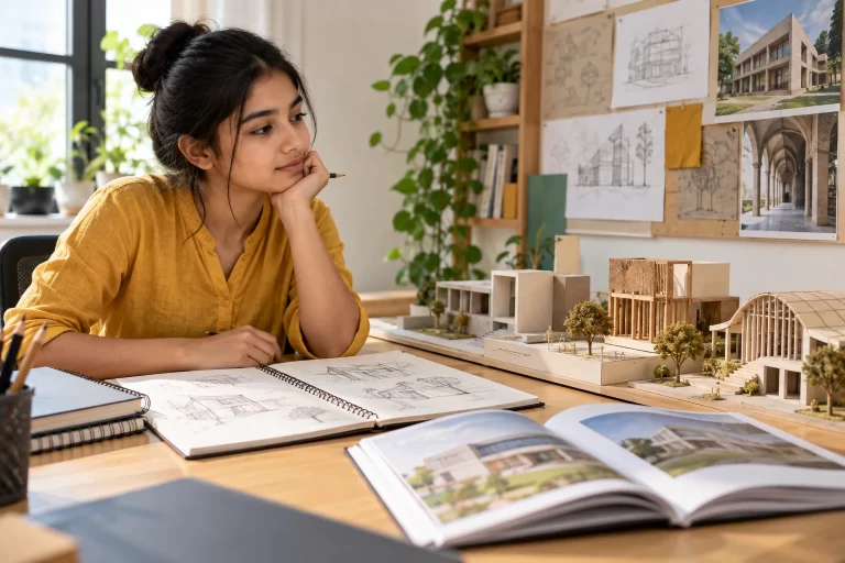 Illustrative student exploring architecture models and sketches