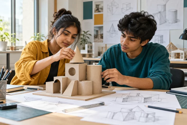 Illustrative students exploring geometric models and spatial composition