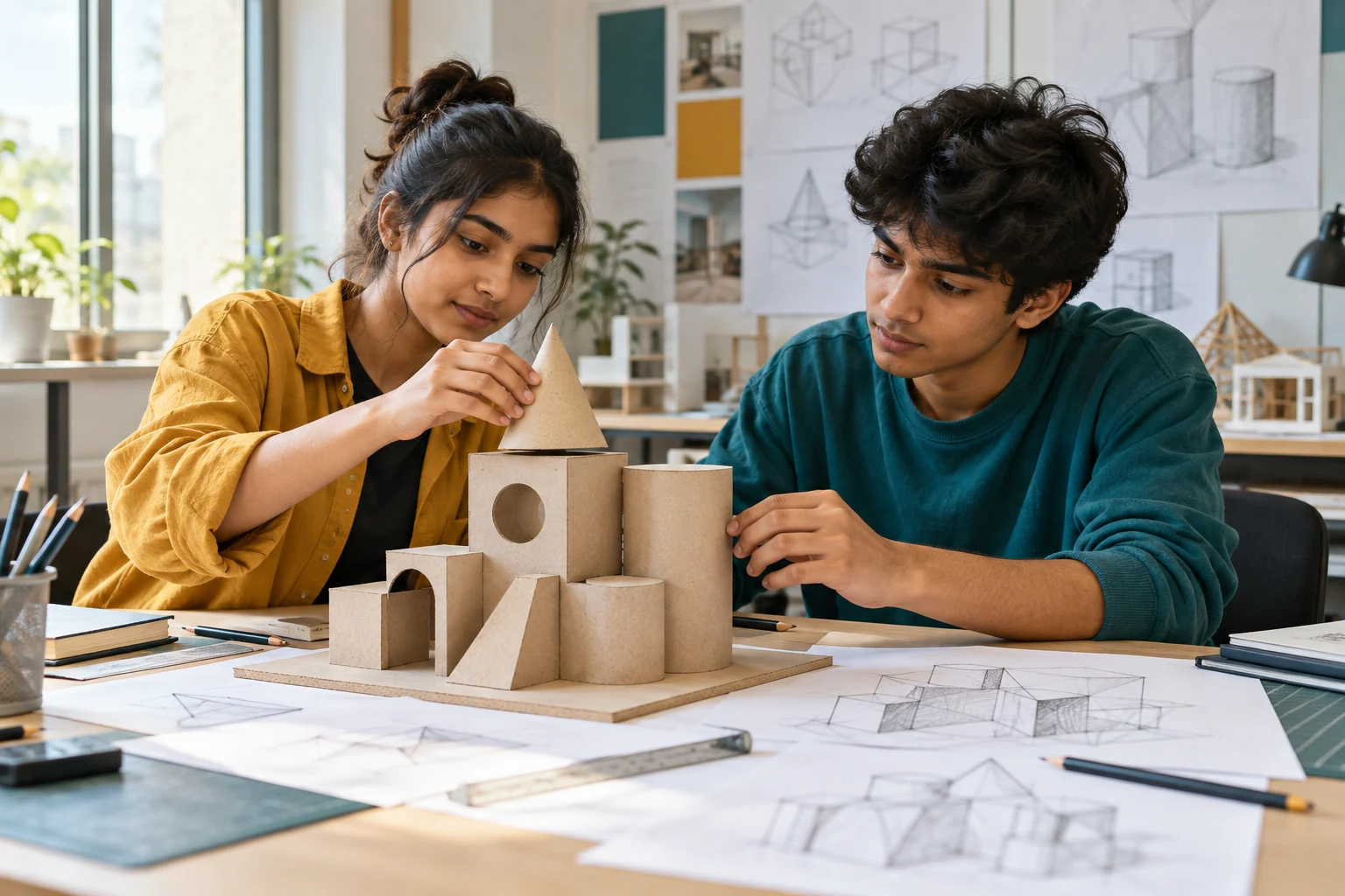 Illustrative students exploring geometric models and spatial composition