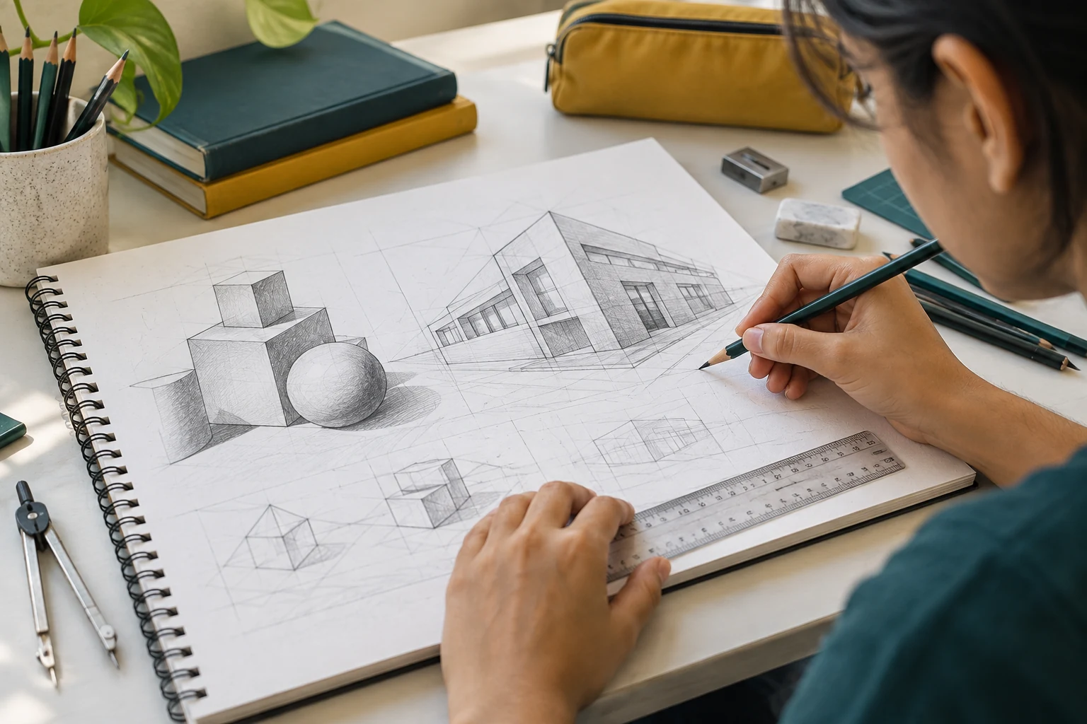 Illustrative pencil drawing practice with geometric forms and perspective