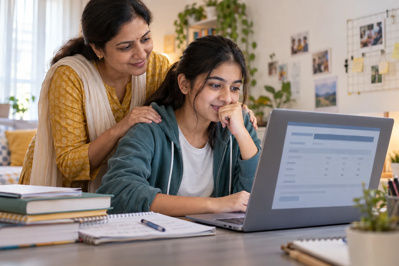 Illustrative student checking school examination results with a parent