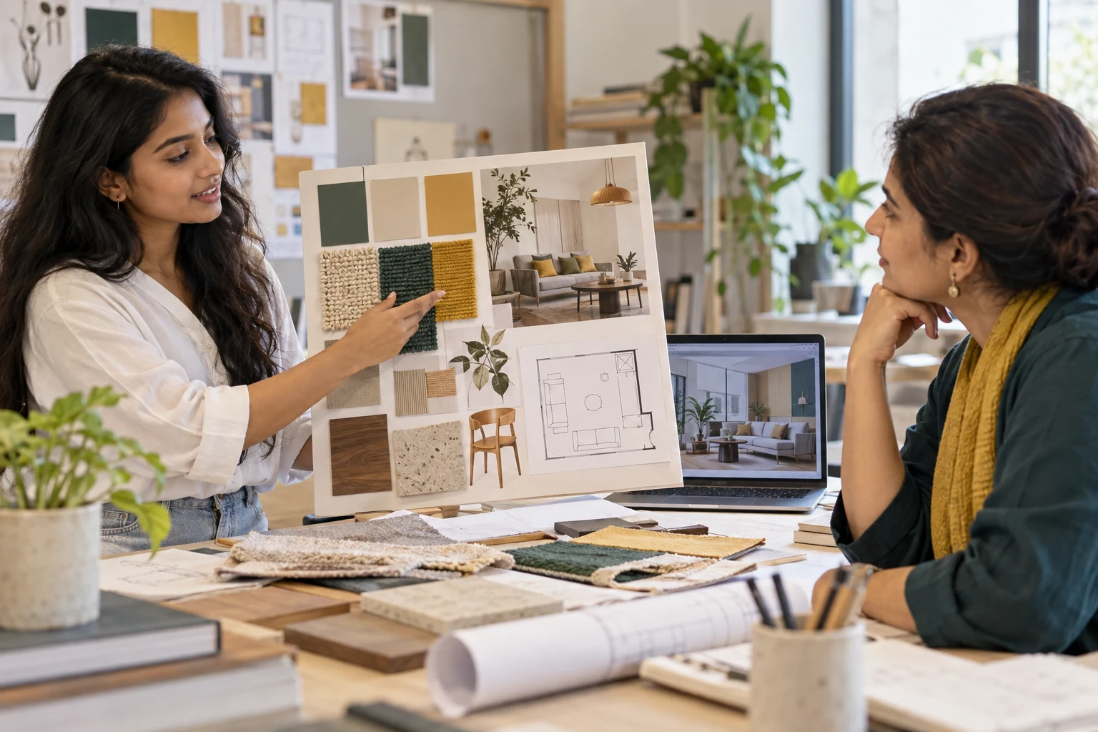 Illustrative interior design student presenting a mood board