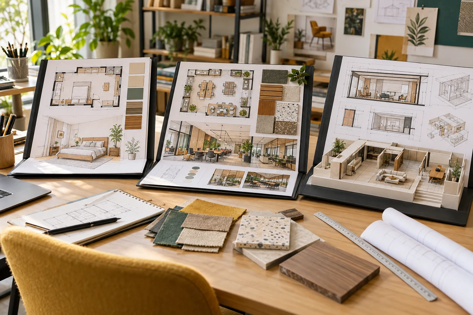 Illustrative portfolios showing different stages of interior design learning