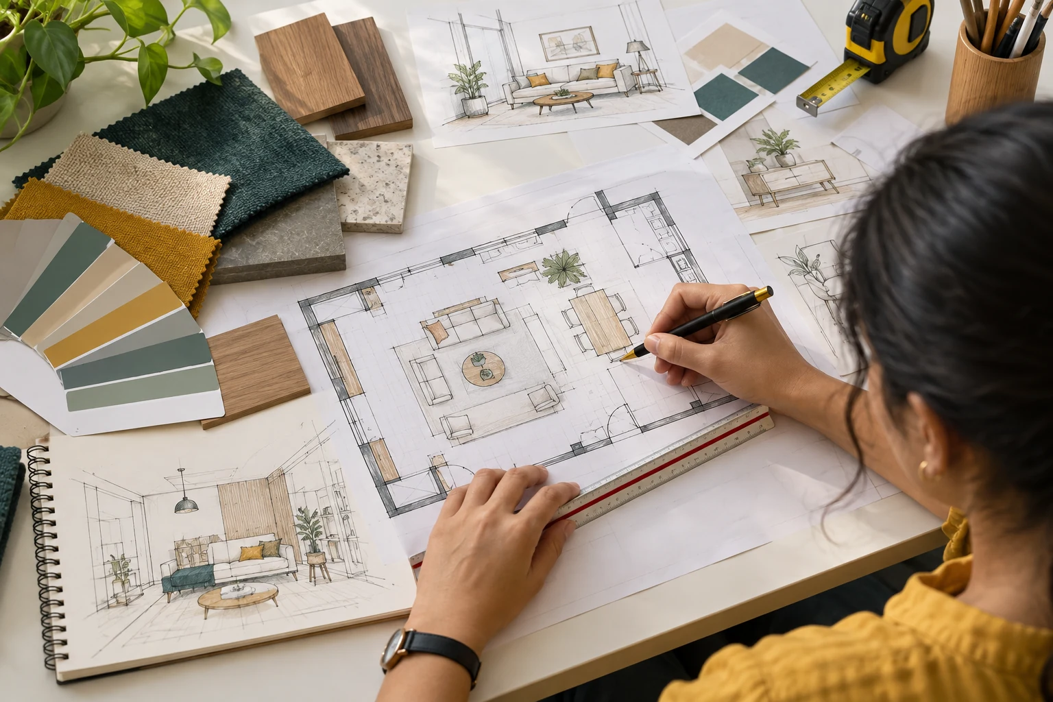 Illustrative interior design practice with plans and material samples