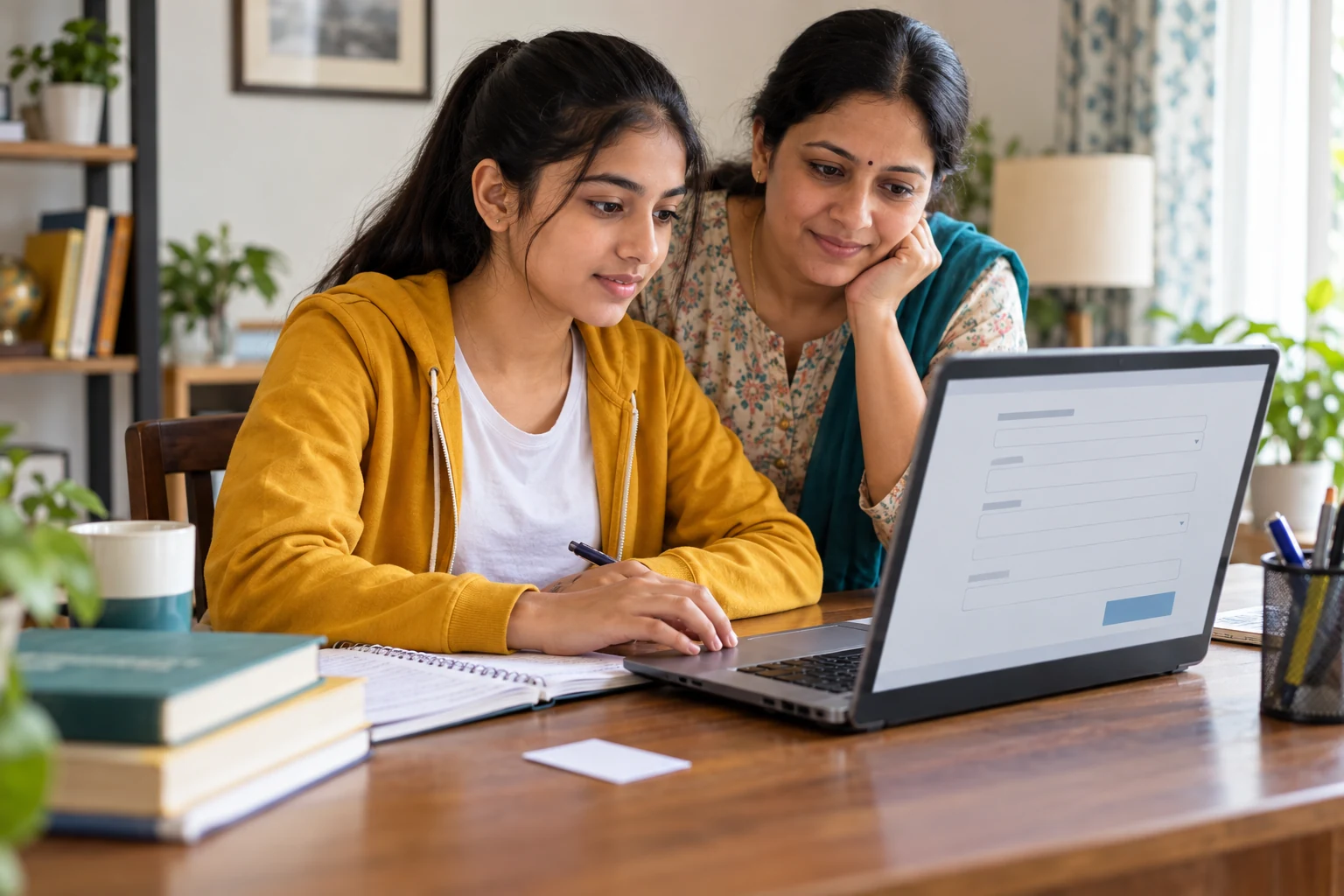 Illustrative student completing an online entrance application with a parent