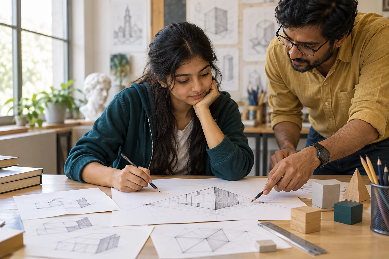 Illustrative student receiving feedback on perspective drawing practice