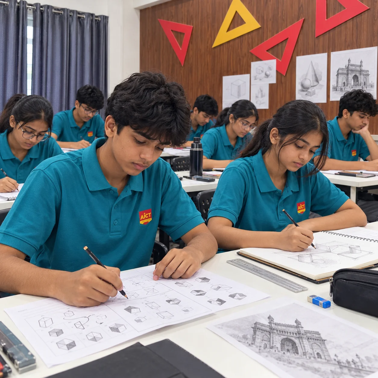 School-age students practicing basic sketching and high-school mathematics for architecture entrance exams
