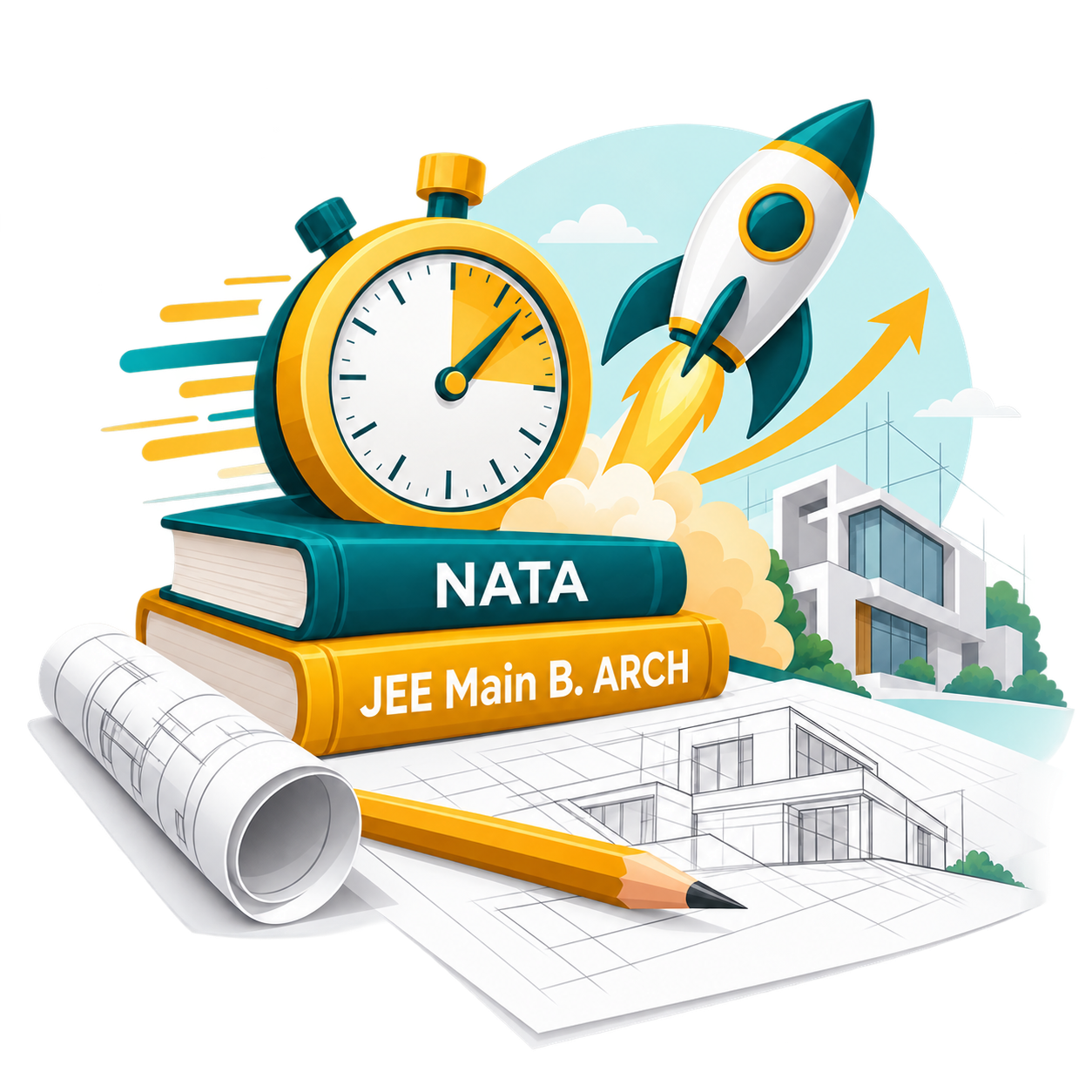 A rocket, a stopwatch and architecture entrance preparation books