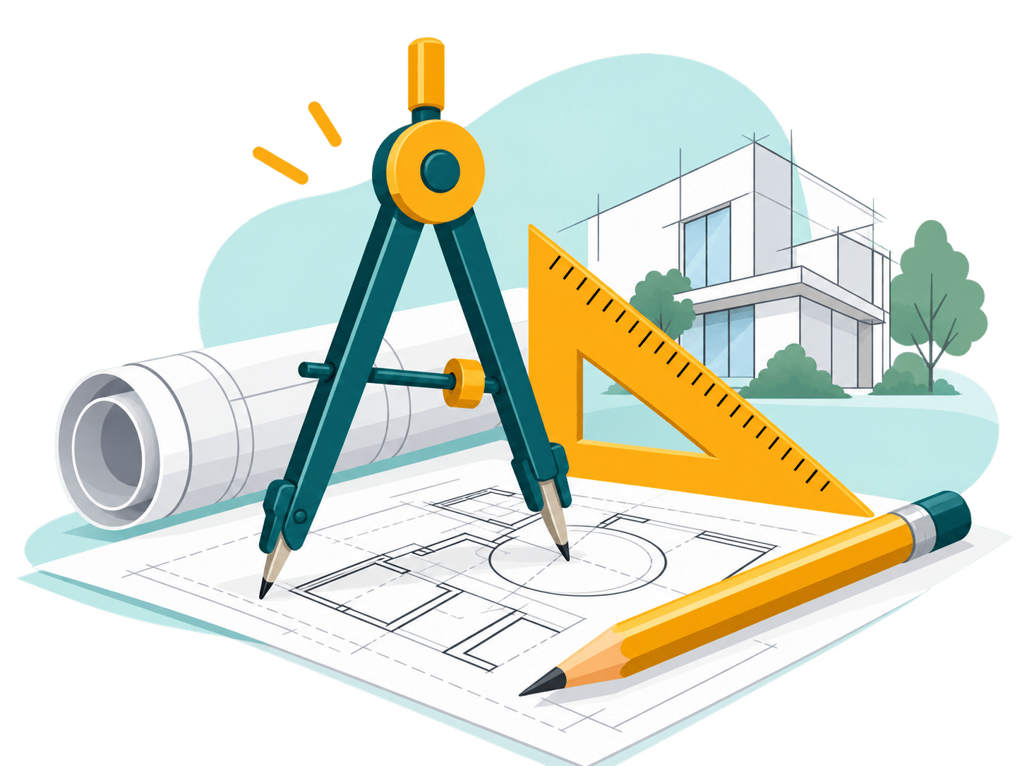 Colorful drafting tools, an architectural blueprint and a building model