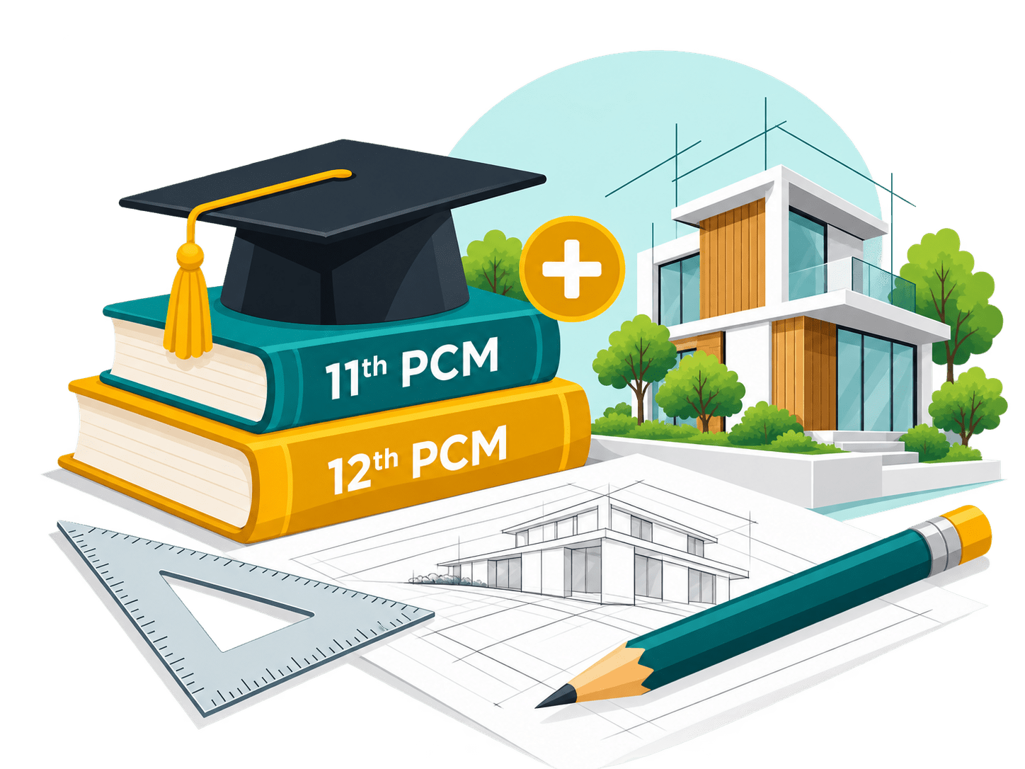 Books for Std. 11 and 12 PCM, a graduation cap and an architectural model