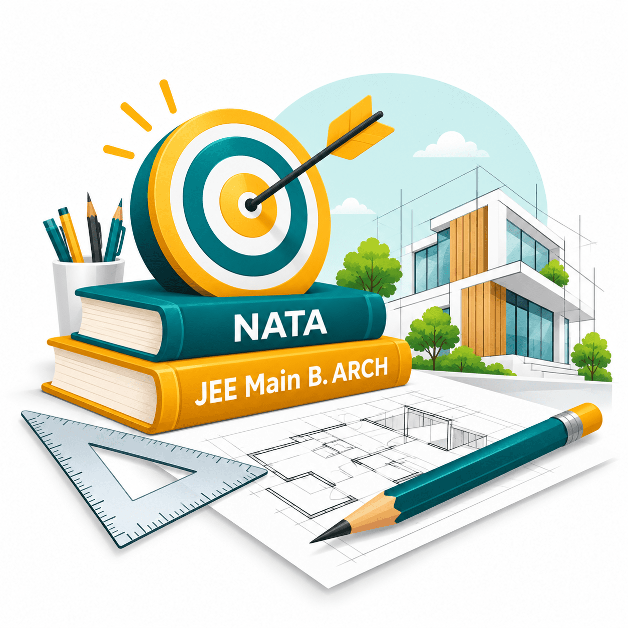 An exam preparation target, NATA and JEE Main B. ARCH books and a building model
