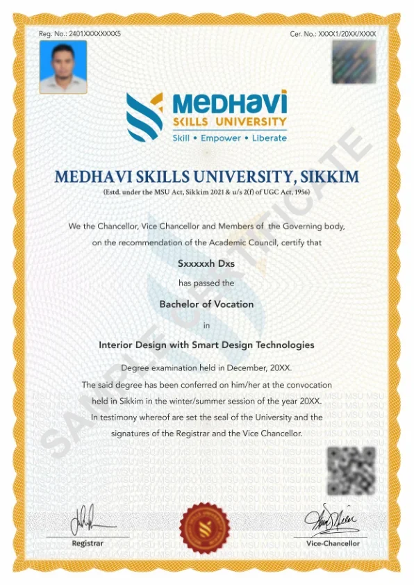 Sample Medhavi Skills University Bachelor of Vocation certificate marked sample