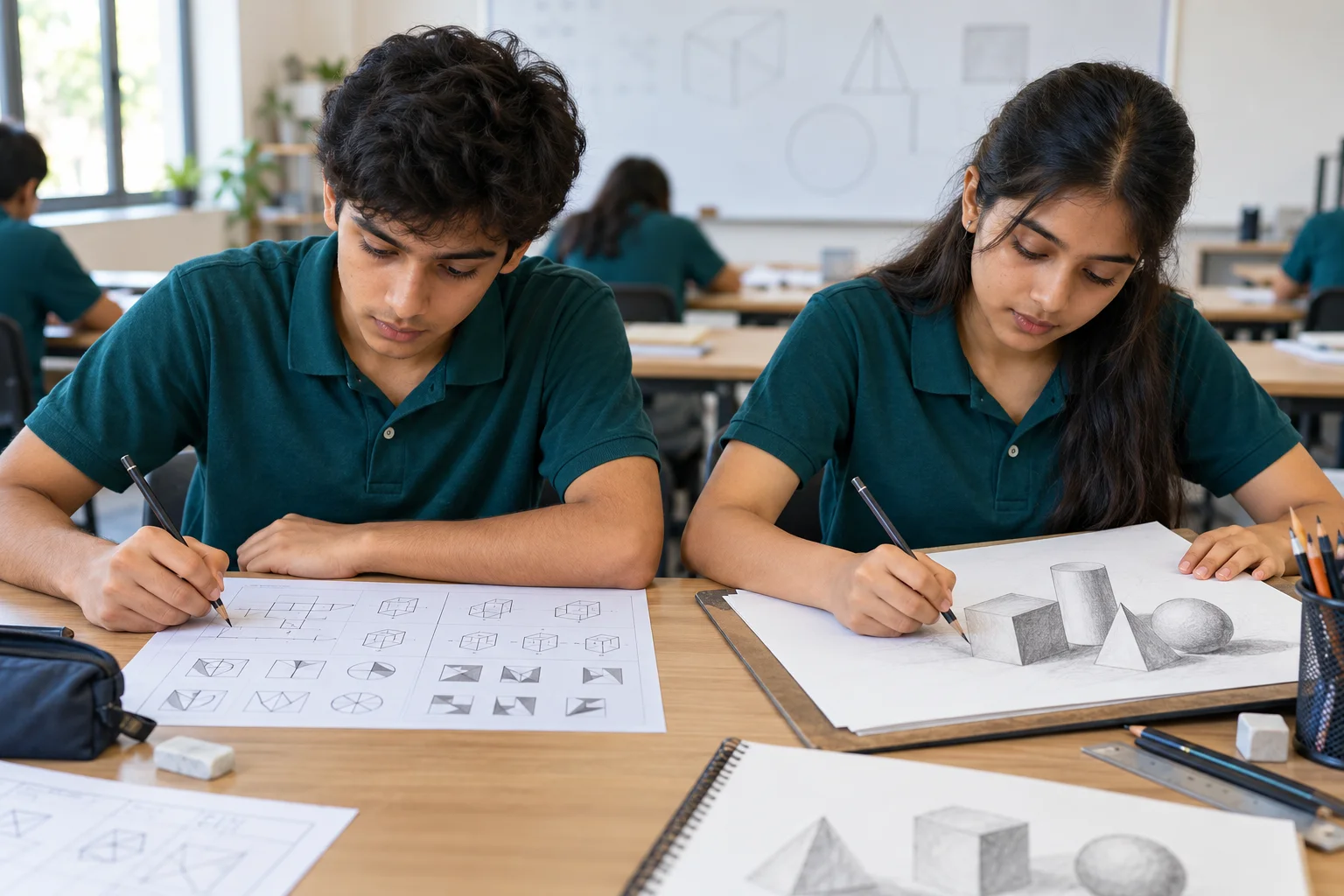 Illustration of class 11–12 students practicing visual aptitude and pencil drawing