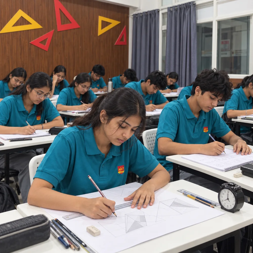 School-age students doing timed architecture entrance drawing and aptitude practice