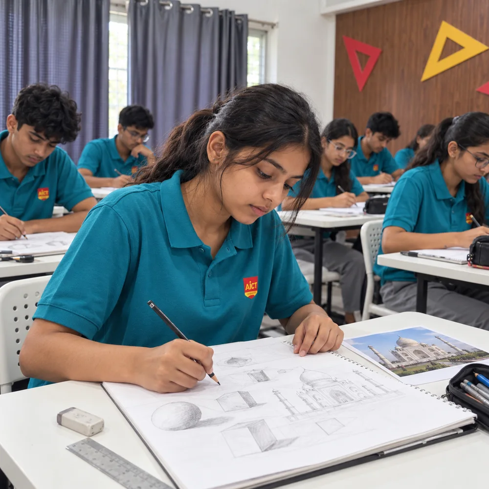 School-age student practicing basic pencil sketches using a building reference
