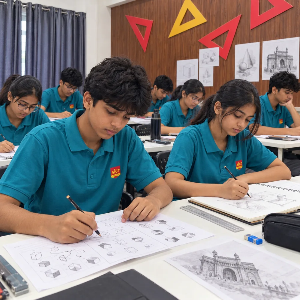 School-age students practicing visual aptitude and basic geometric composition